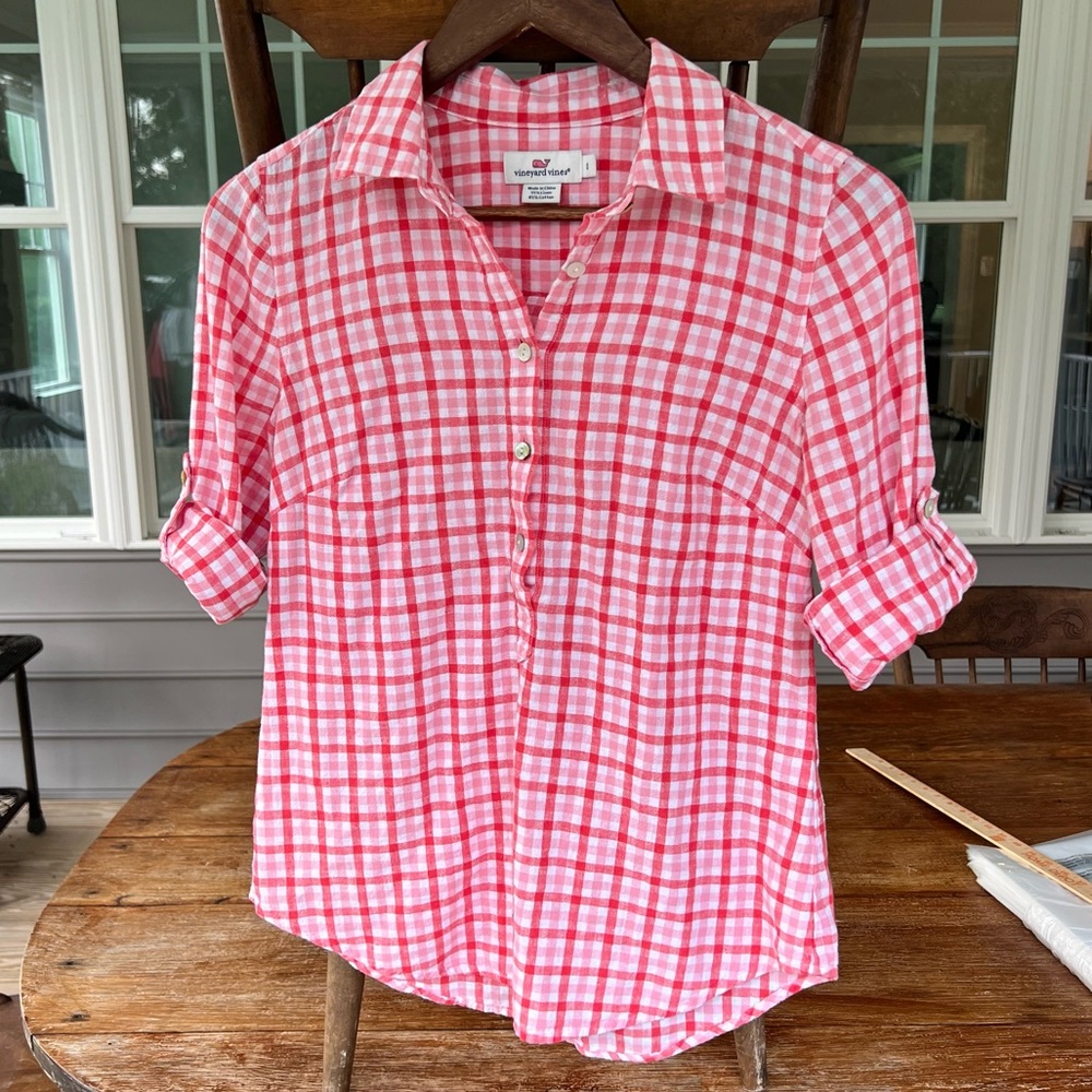 Vineyard Vines Red Pink Gingham Linen Cotton Button Blend Down Shirt Top Size 0